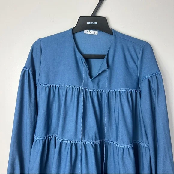 Blue Long Sleeve Ruffle Oversized Tunic Blouse with A marching Crop pants 42 - Picture 5 of 13
